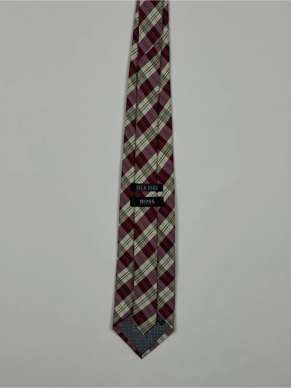 Hugo Boss Maroon and Cream Plaid Silk Tie